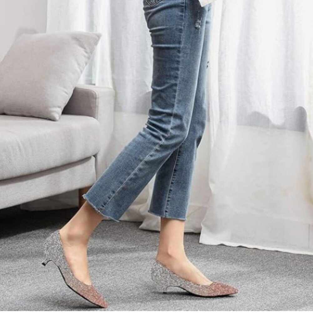 FOWT Silver With Pink Toe Glitter Pumps Pointed Toe Low Heels Slip On Shoes